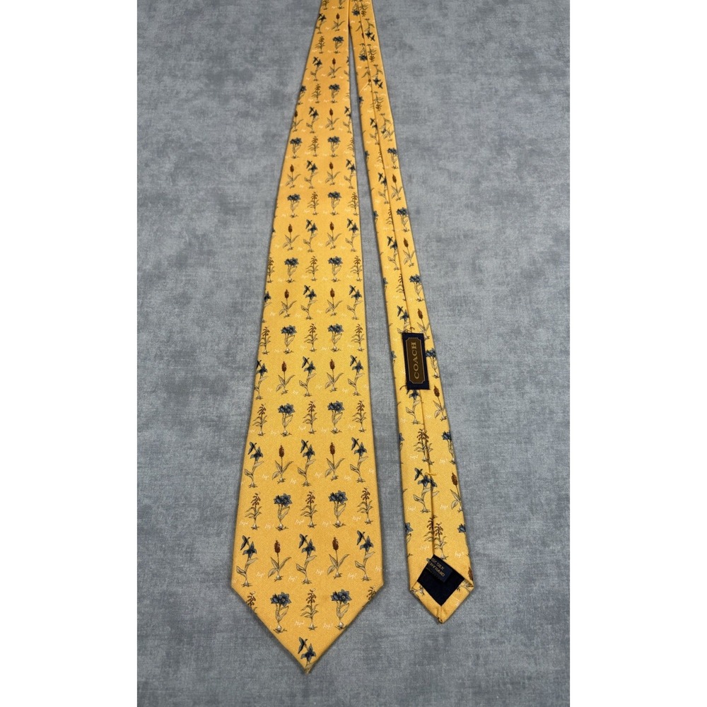 Vintage Coach Silk Tie Mens Yellow Blue Floral Botanical Handmade USA 3.75"